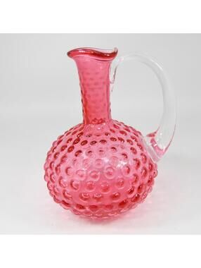 Vtg Fenton Glass Cranberry Hobnail Syrup Cruet Pitcher Applied Handle NO STOPPER